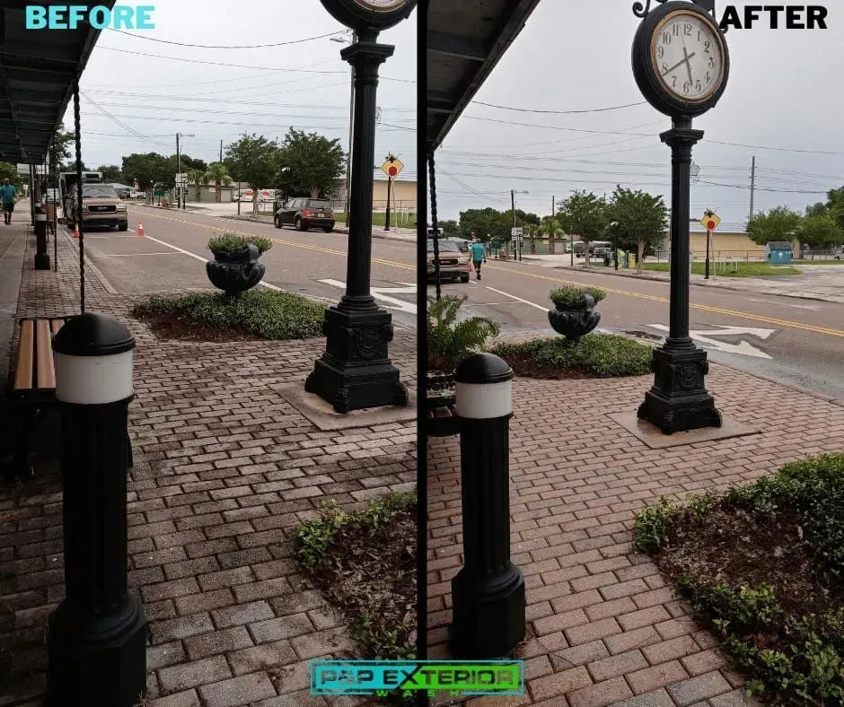 Before-and-after streetscape with sidewalk, clock lamp post, and road under overcast sky