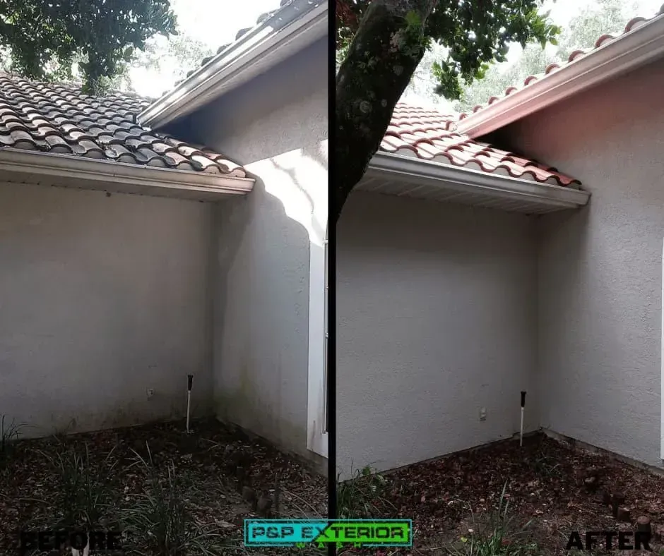 Split-view of a house roof eave and wall before and after exterior painting.
