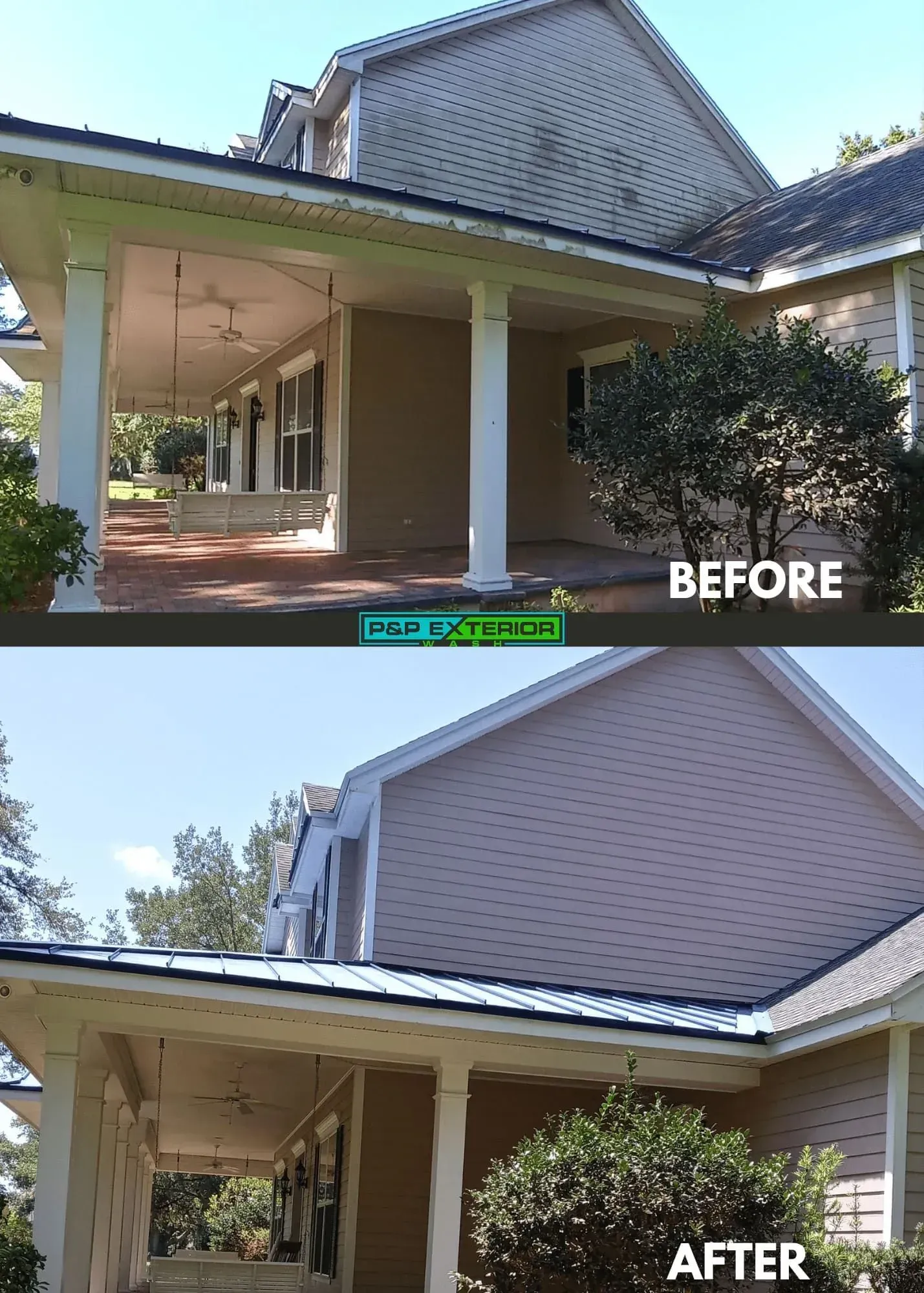 Before-and-after view of a home exterior renovation with a covered porch and roof improvement.