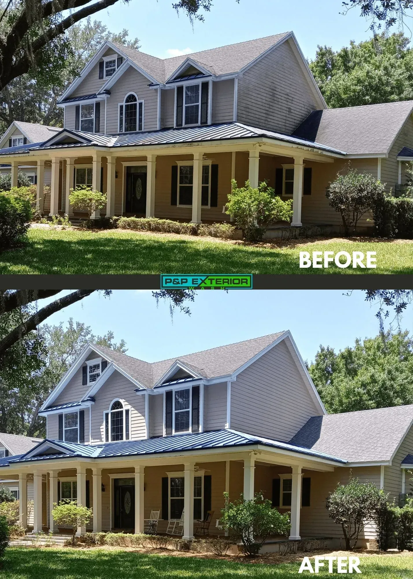 Before-and-after view of a gray house with a porch and landscaping, labeled “BEFORE” and “AFTER”