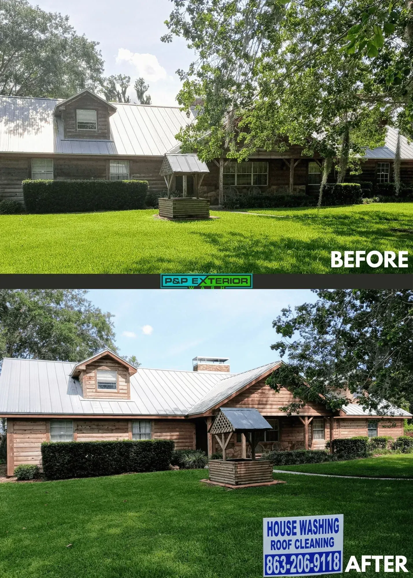 Before-and-after view of a house exterior with lawn and trees, showing a brighter roof and landscaping update