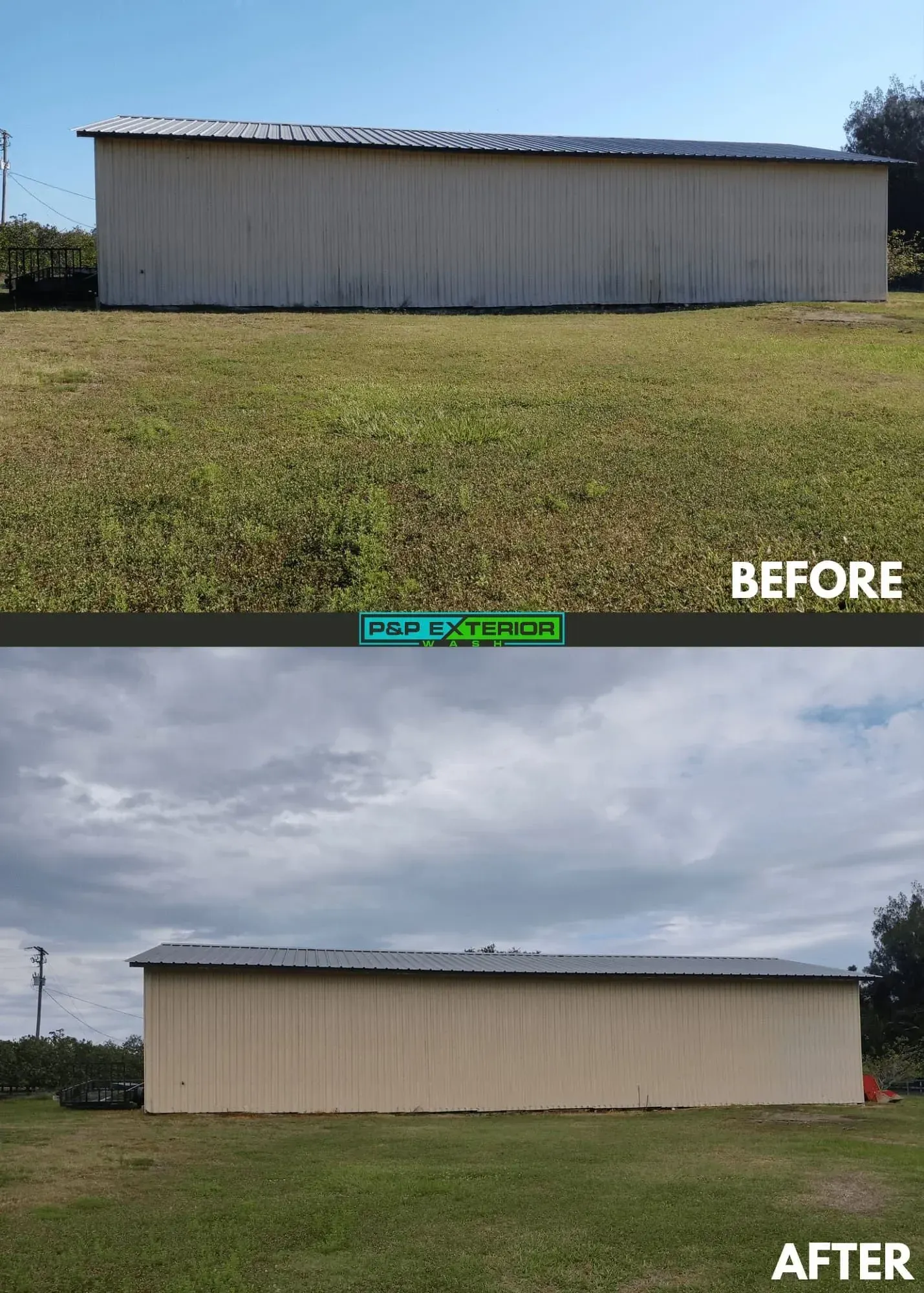 Before-and-after view of a beige metal building, with a weathered exterior changed to freshly painted siding.
