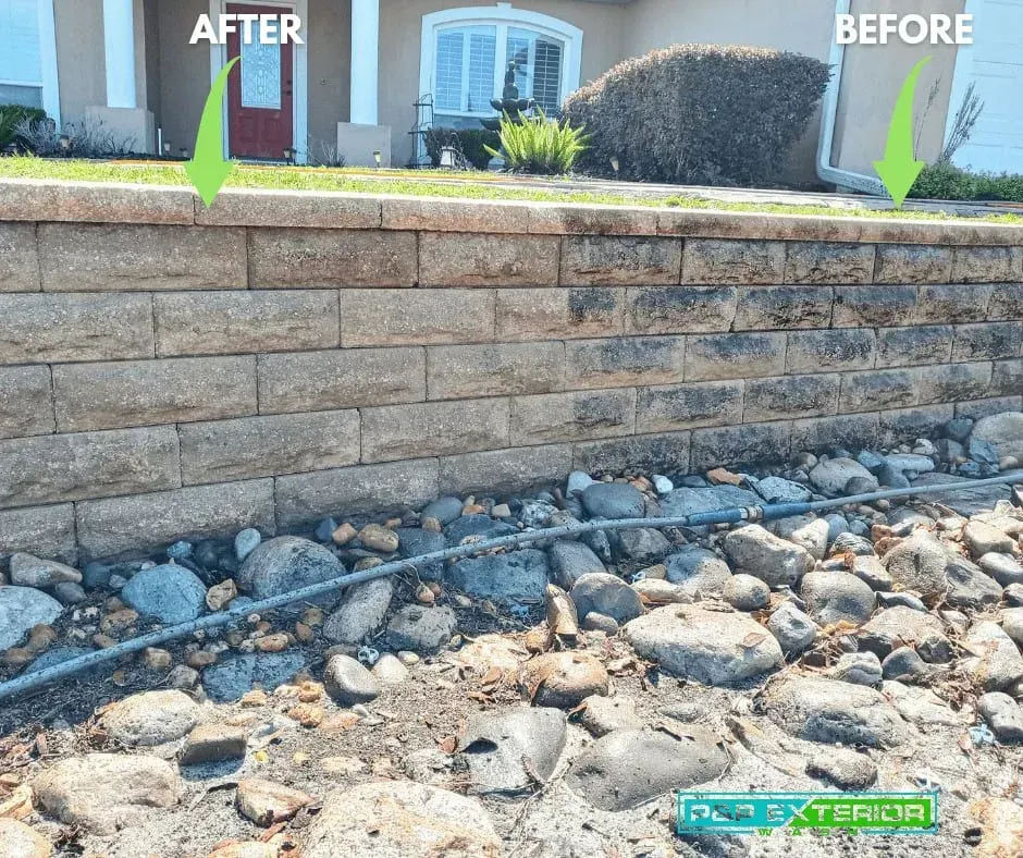 Before-and-after view of a retaining wall repair, with arrows labeling the changed section.