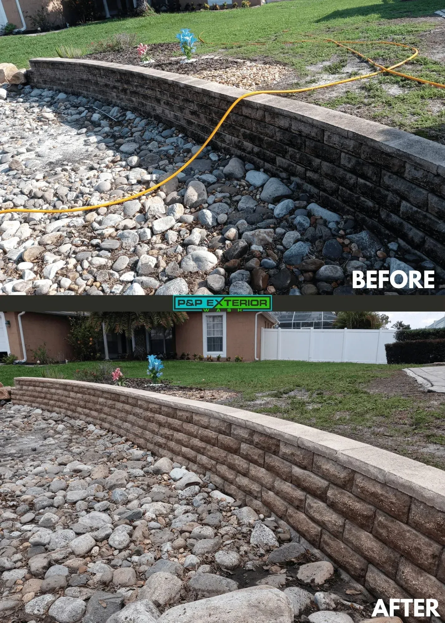 Before-and-after view of a curved stone retaining wall repaired and cleaned beside a sloped yard.