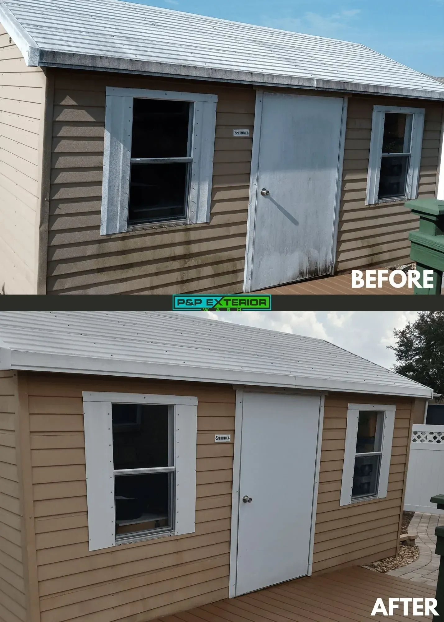 Before-and-after exterior of a small beige building with new white door and window trim.