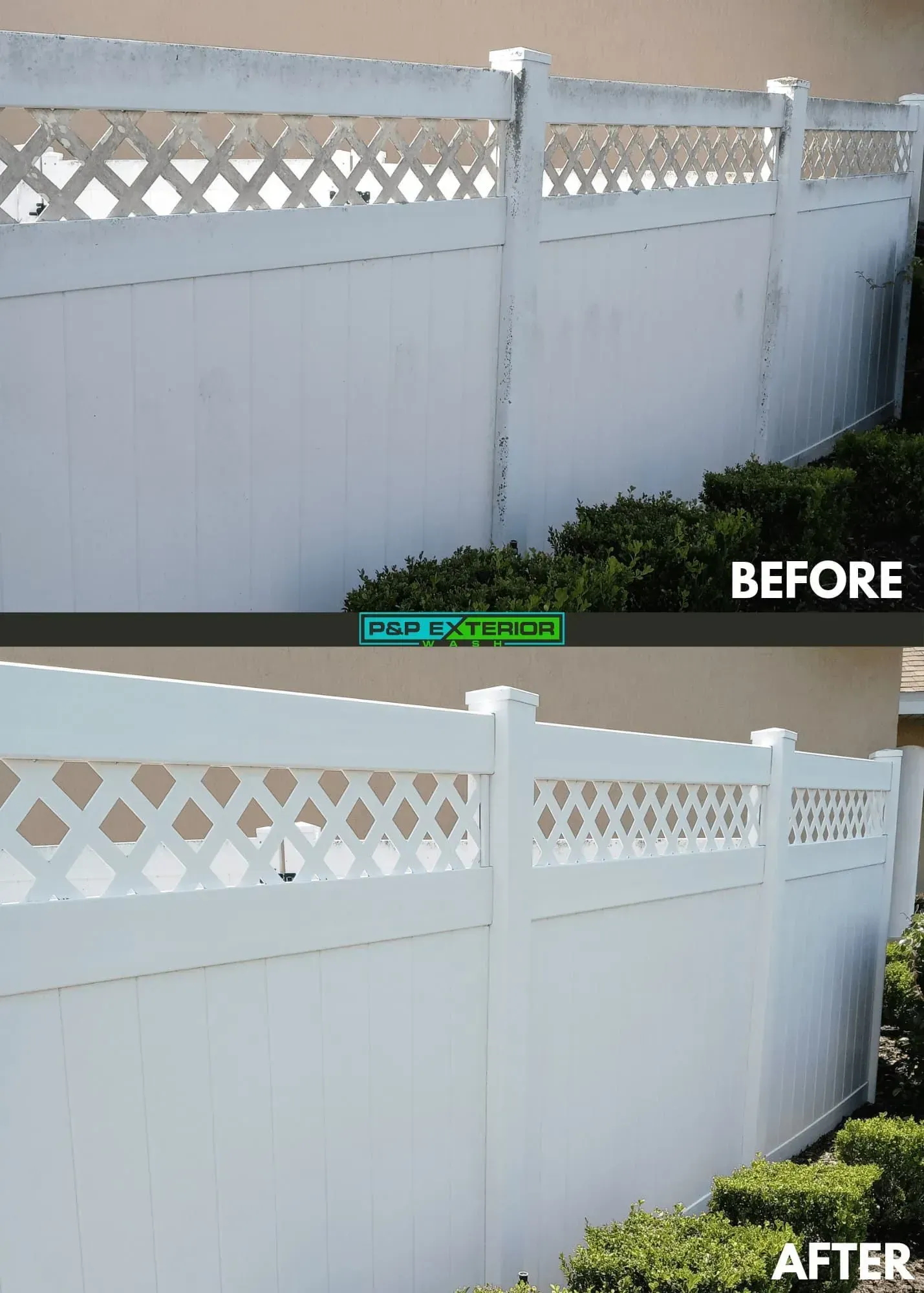 Before-and-after view of a white vinyl fence, showing a cleaner, brighter finish on the bottom half.