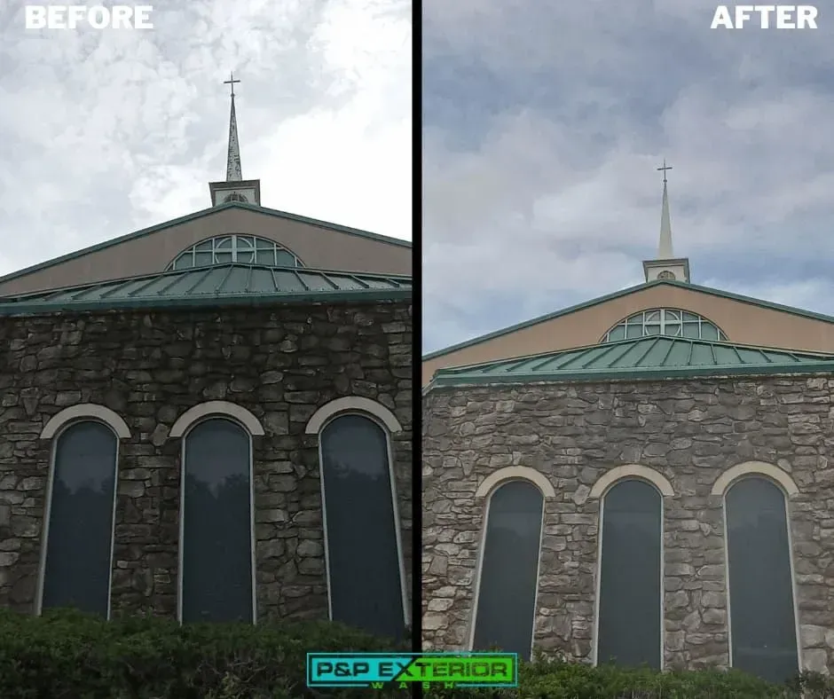 Before-and-after view of a stone church exterior with a darker roof changed to a lighter tan roof.