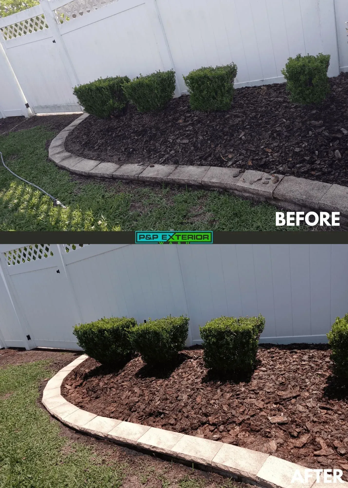 Before-and-after view of a flower bed with shrubs beside a white fence, showing dark mulch changed to red mulch.