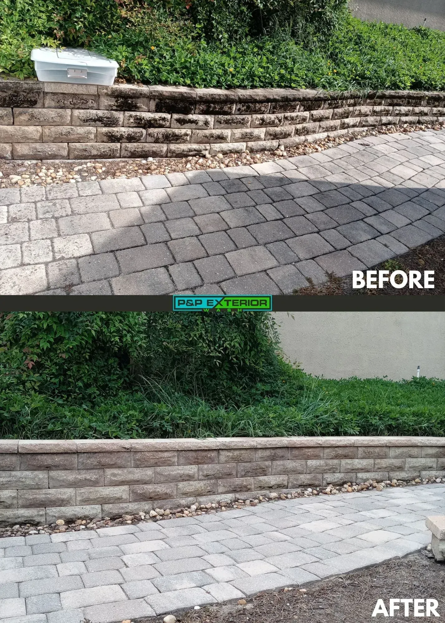 Before-and-after of a retaining wall and paved path, showing cleaned stone steps and landscaping.