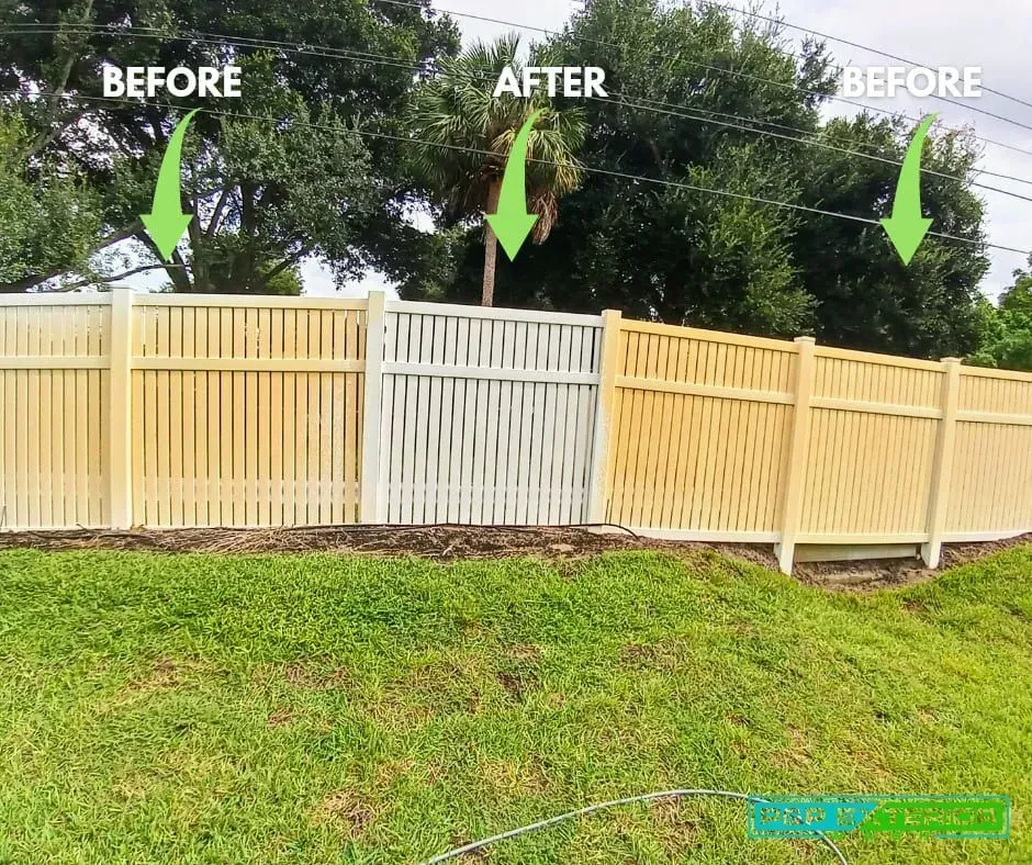 Before-and-after fence comparison: faded beige fence, repainted white center panel, and yellow panel on a grassy yard.