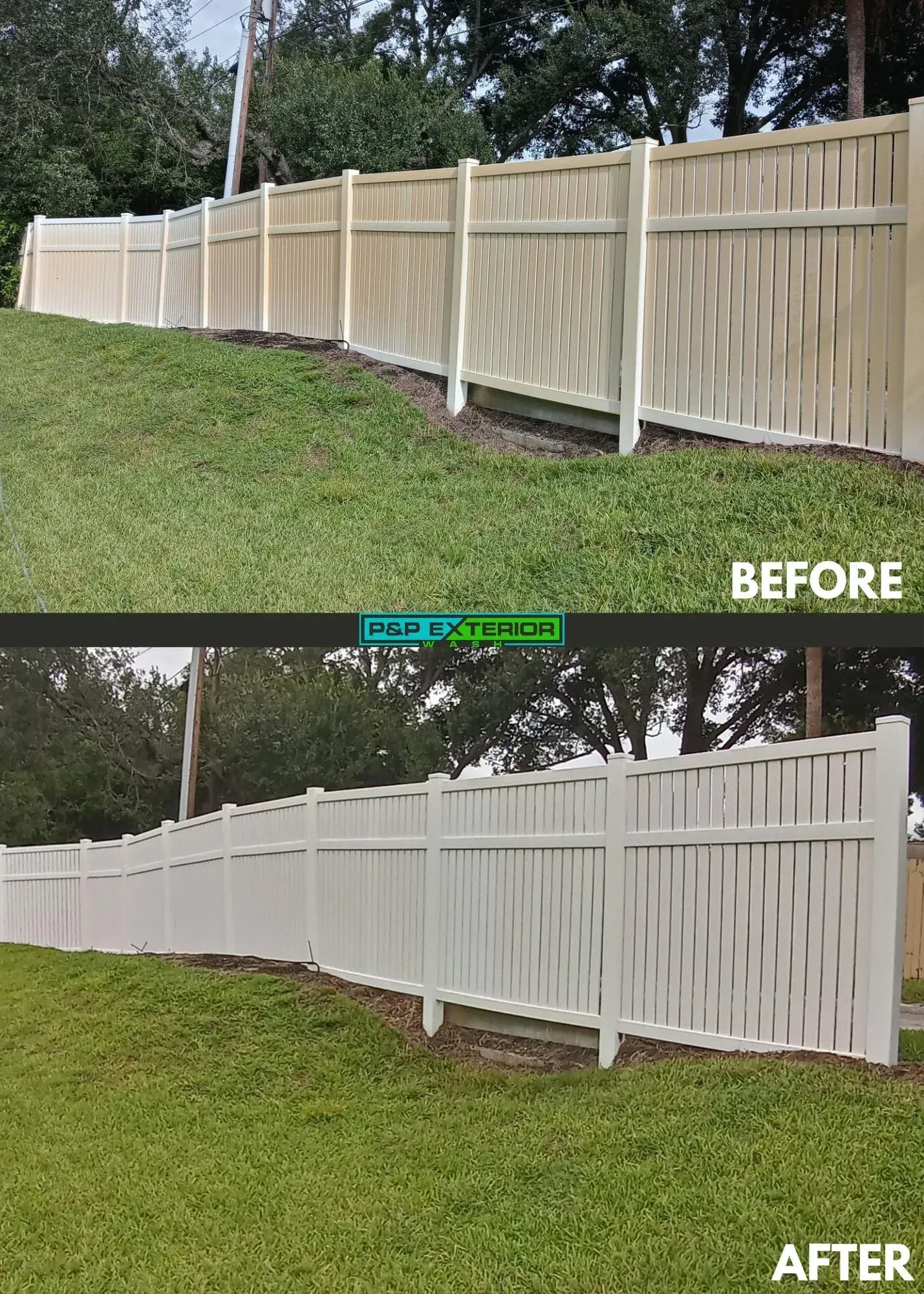 Before-and-after of a repaired white wooden fence on a grassy slope, with a gate added in the after view.