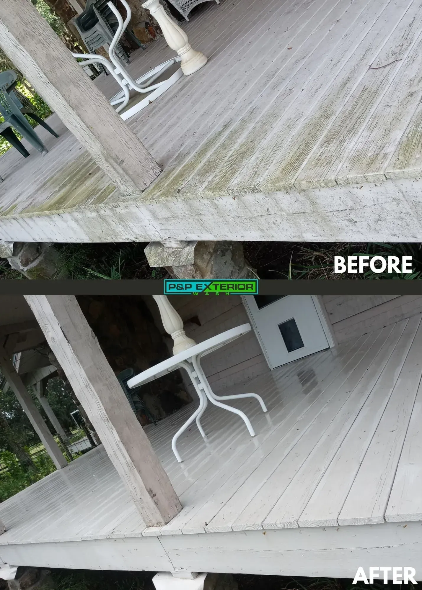 Before-and-after view of a weathered wooden porch floor and post, showing repainting/restoration.