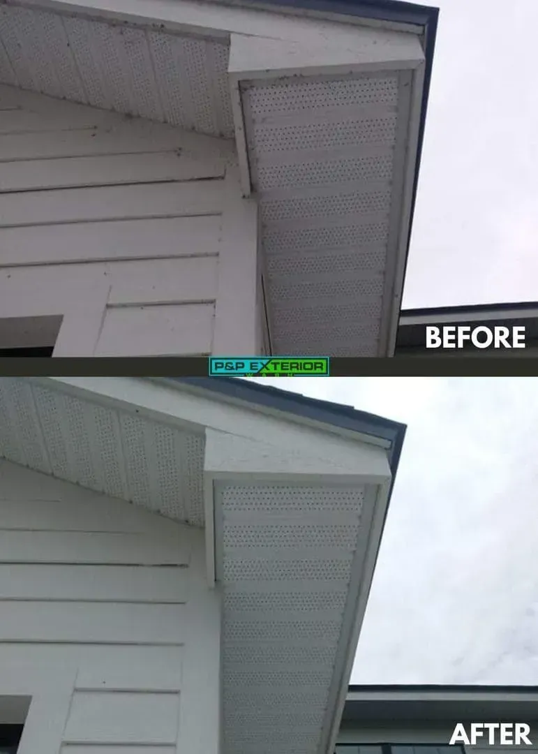 Before-and-after of a house roof/eave repair, showing a cleaner soffit and trim.