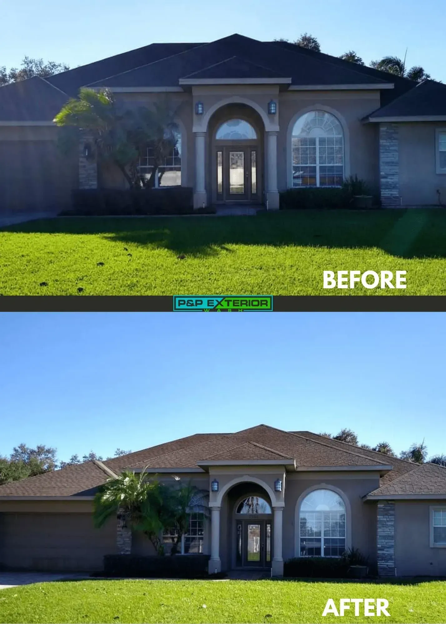 House exterior with front lawn, shown in before and after comparison with updated roof and landscaping.