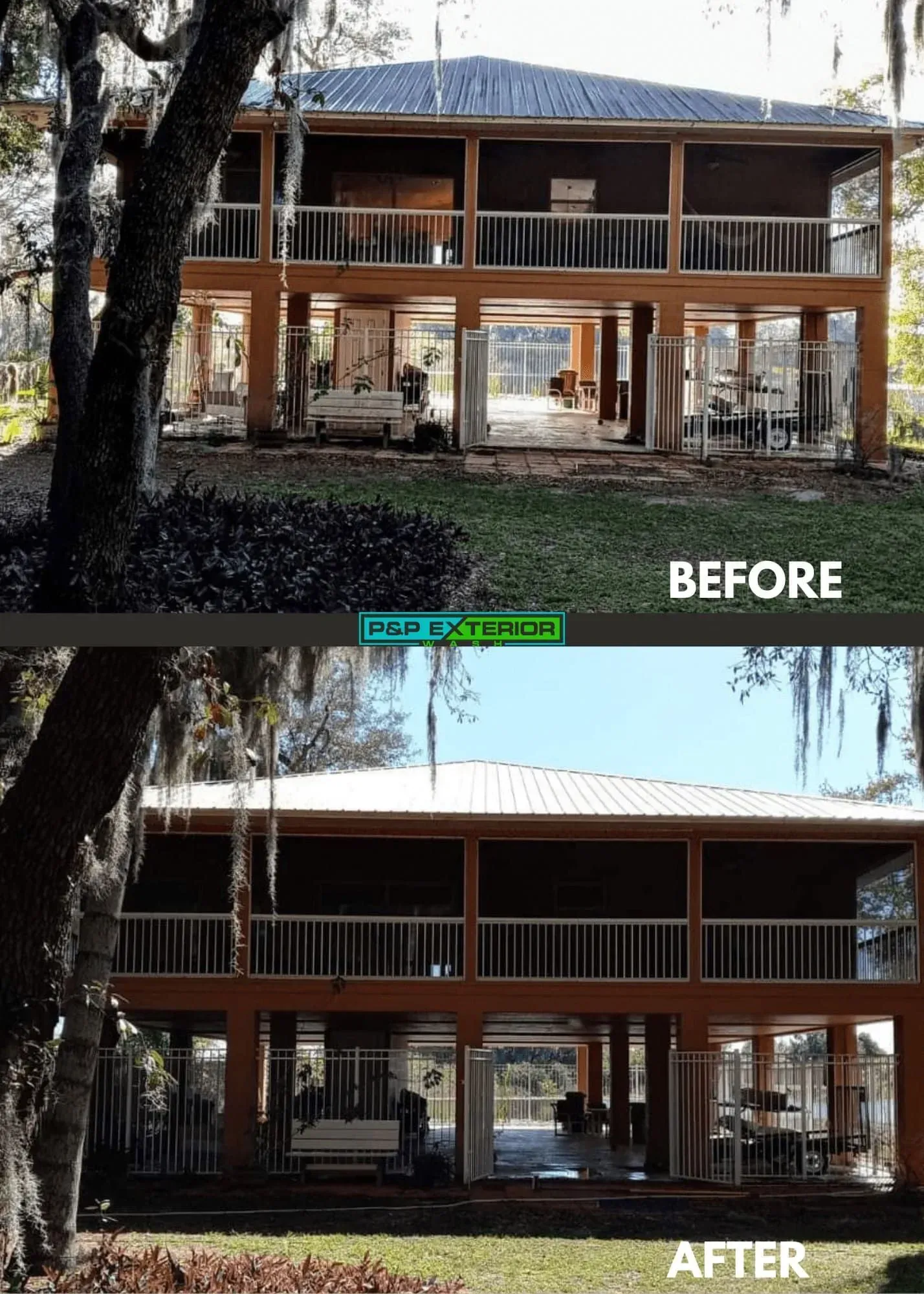 Before-and-after view of a house exterior with improved porch and roof appearance