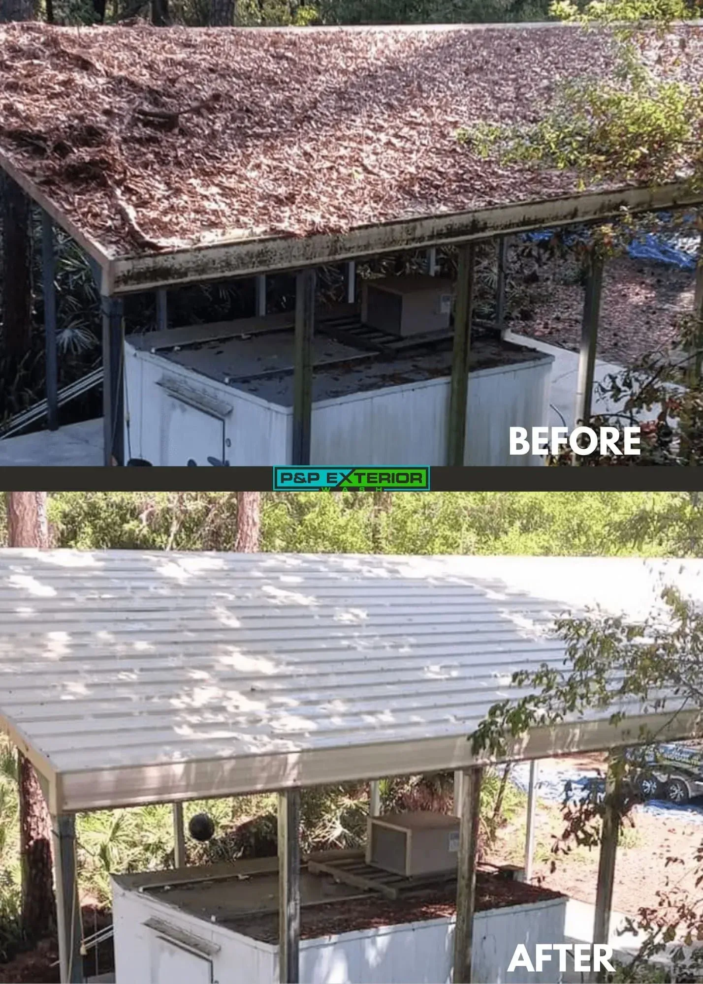 Before-and-after of a porch roof cleaned from a debris-covered top to a light gray metal roof.