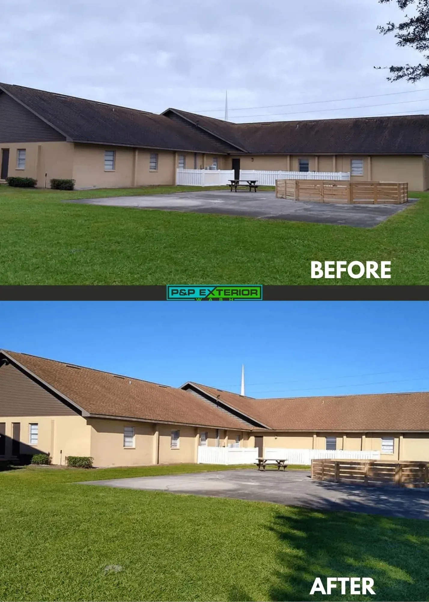 Before-and-after view of a beige building and green lawn, showing improved landscaping and pavement.