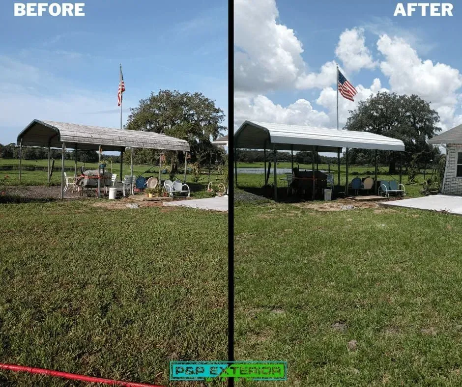 Before-and-after view of a grassy yard with a pavilion and American flag under a partly cloudy sky.