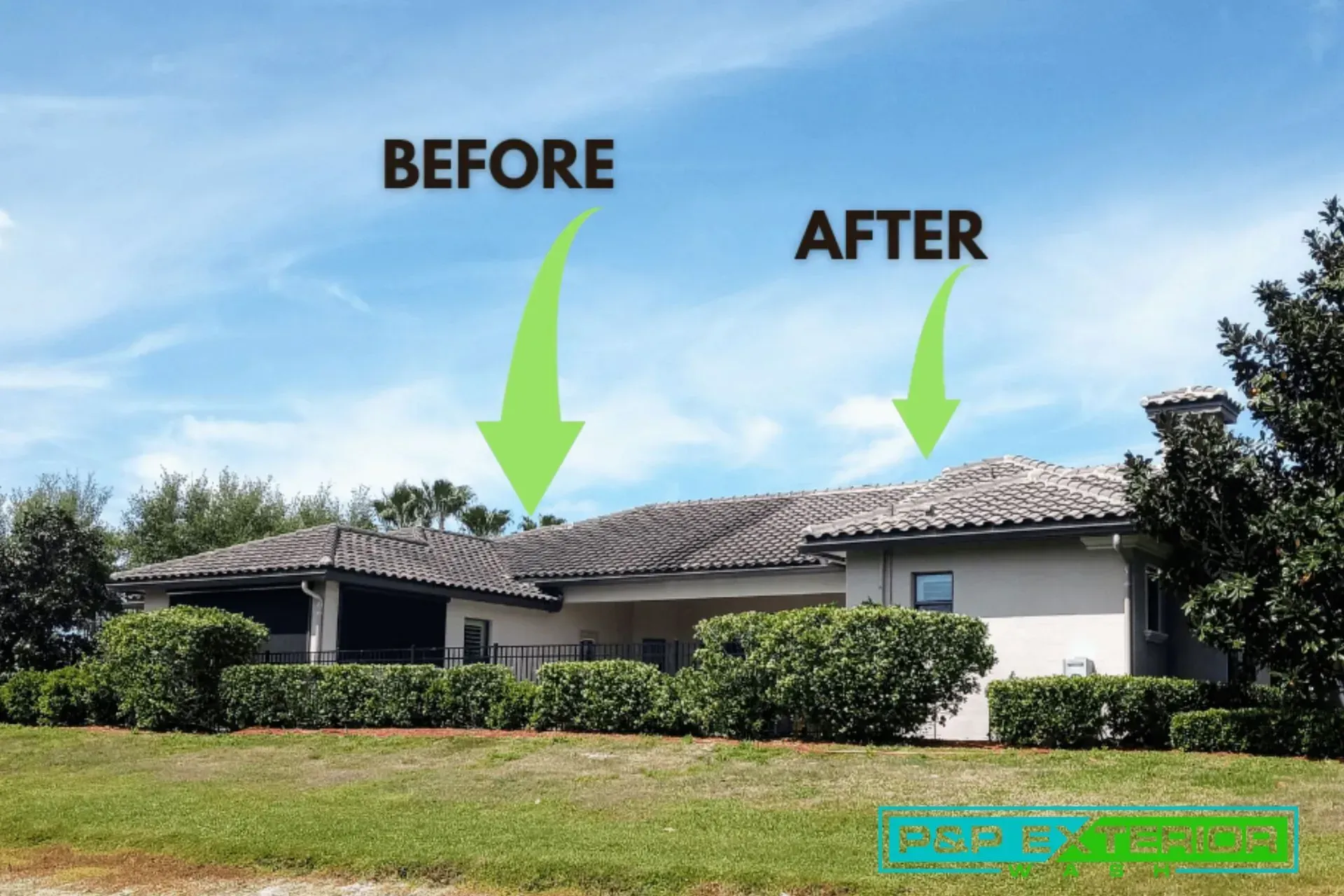 Before-and-after roof repair on a suburban house, with green arrows pointing to damaged and repaired areas.