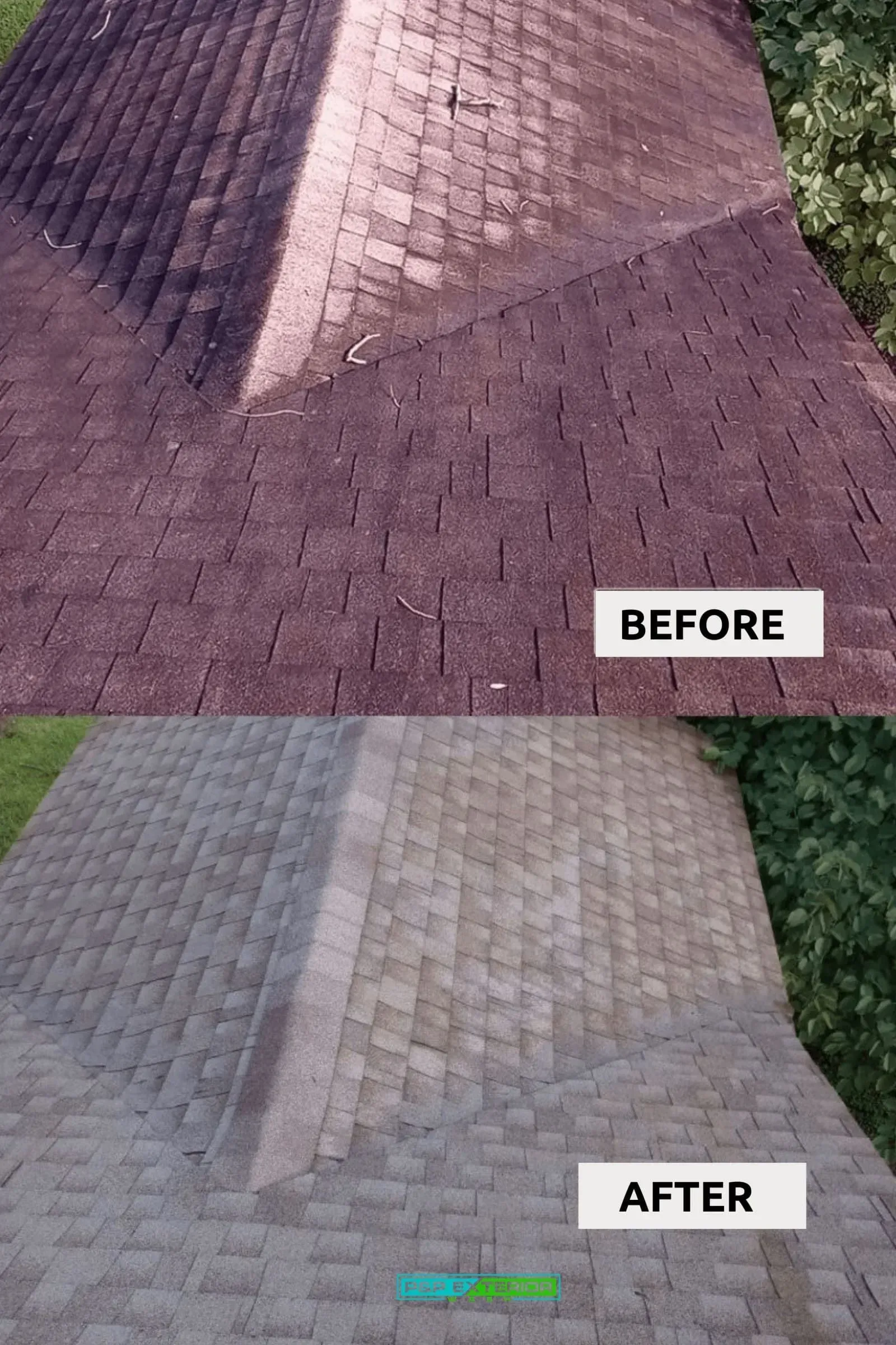 Roof shingles before and after cleaning: dark stained top, light gray bottom.