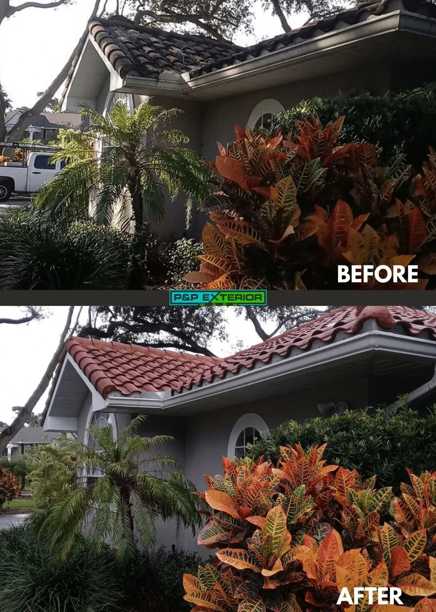 Before-and-after view of a house roof with dark red tiles and tropical plants, showing a roof makeover.