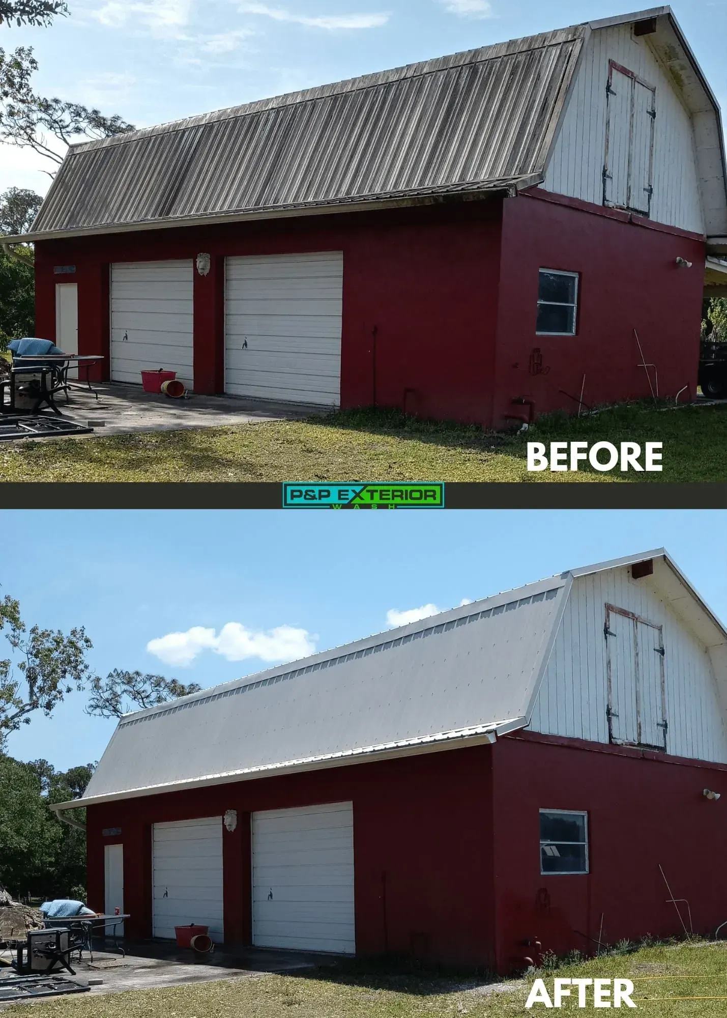 Before-and-after view of a red barn with white doors and a corrugated roof under a blue sky.