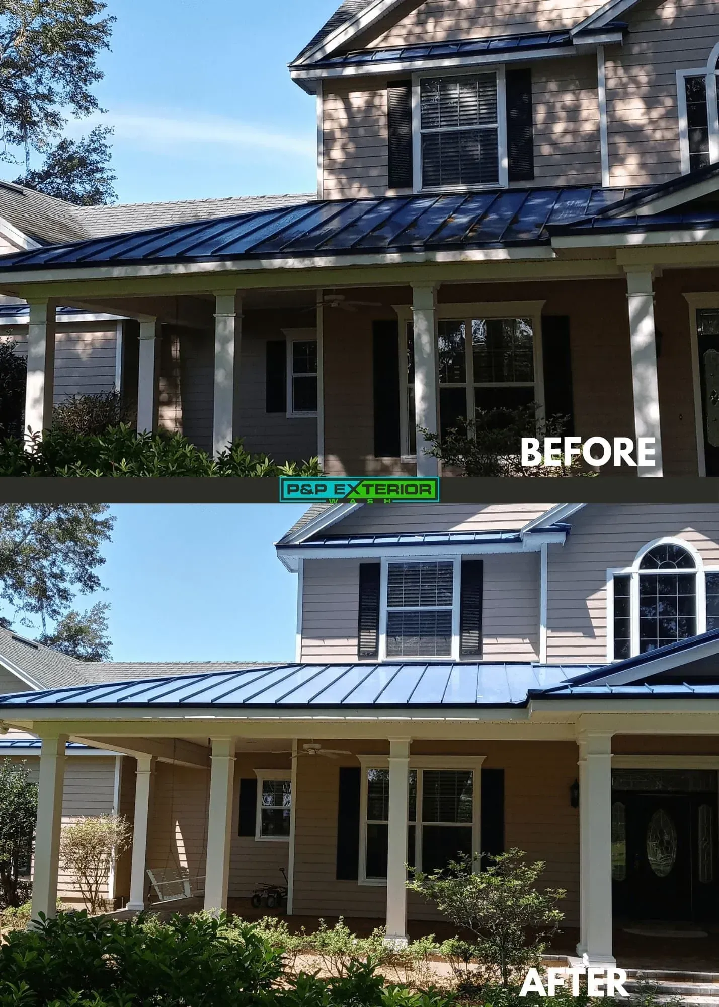 Before-and-after view of a house porch with a new blue metal roof and painted trim