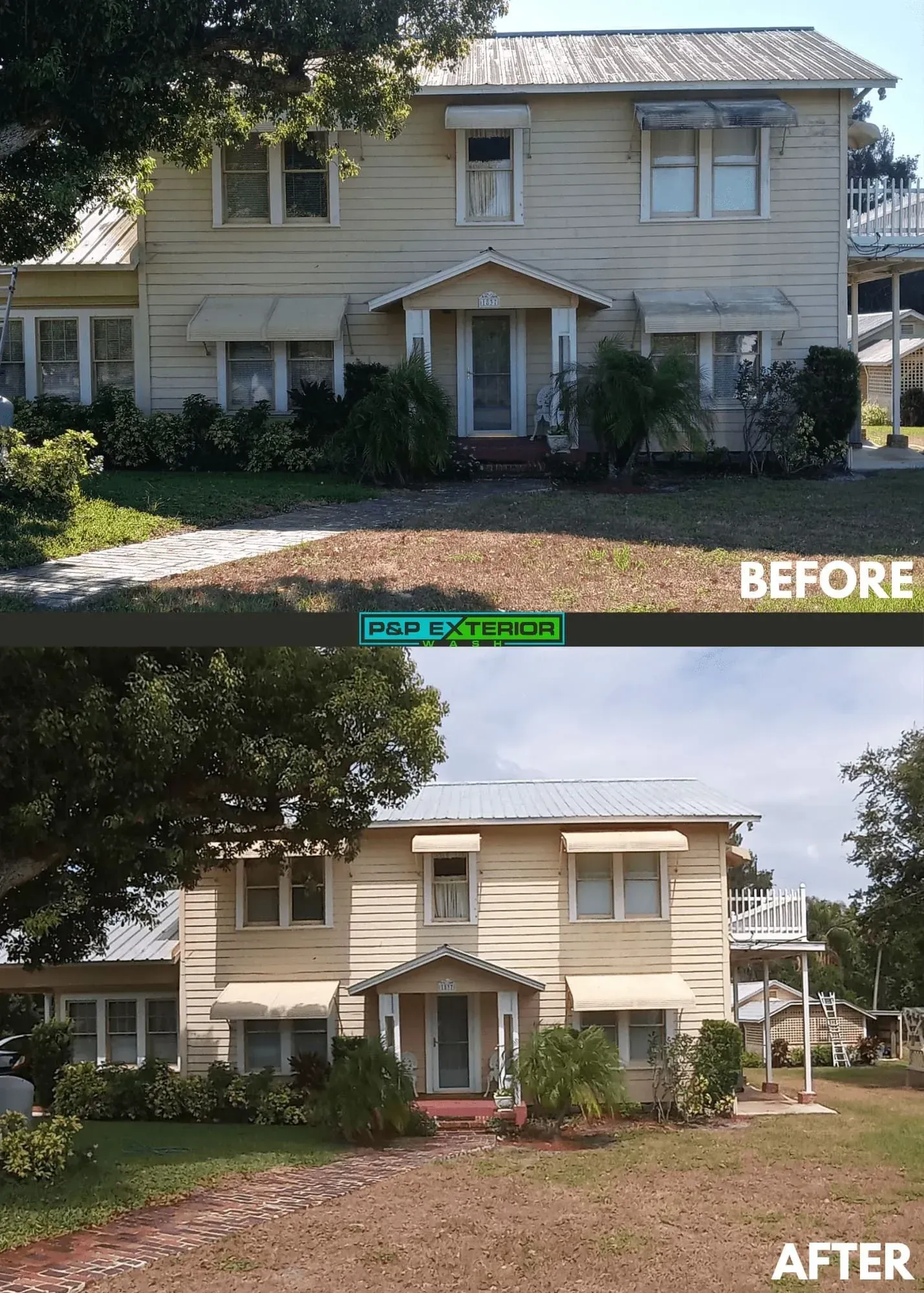 Two-story house exterior shown in before-and-after comparison, with brighter siding and updated landscaping.