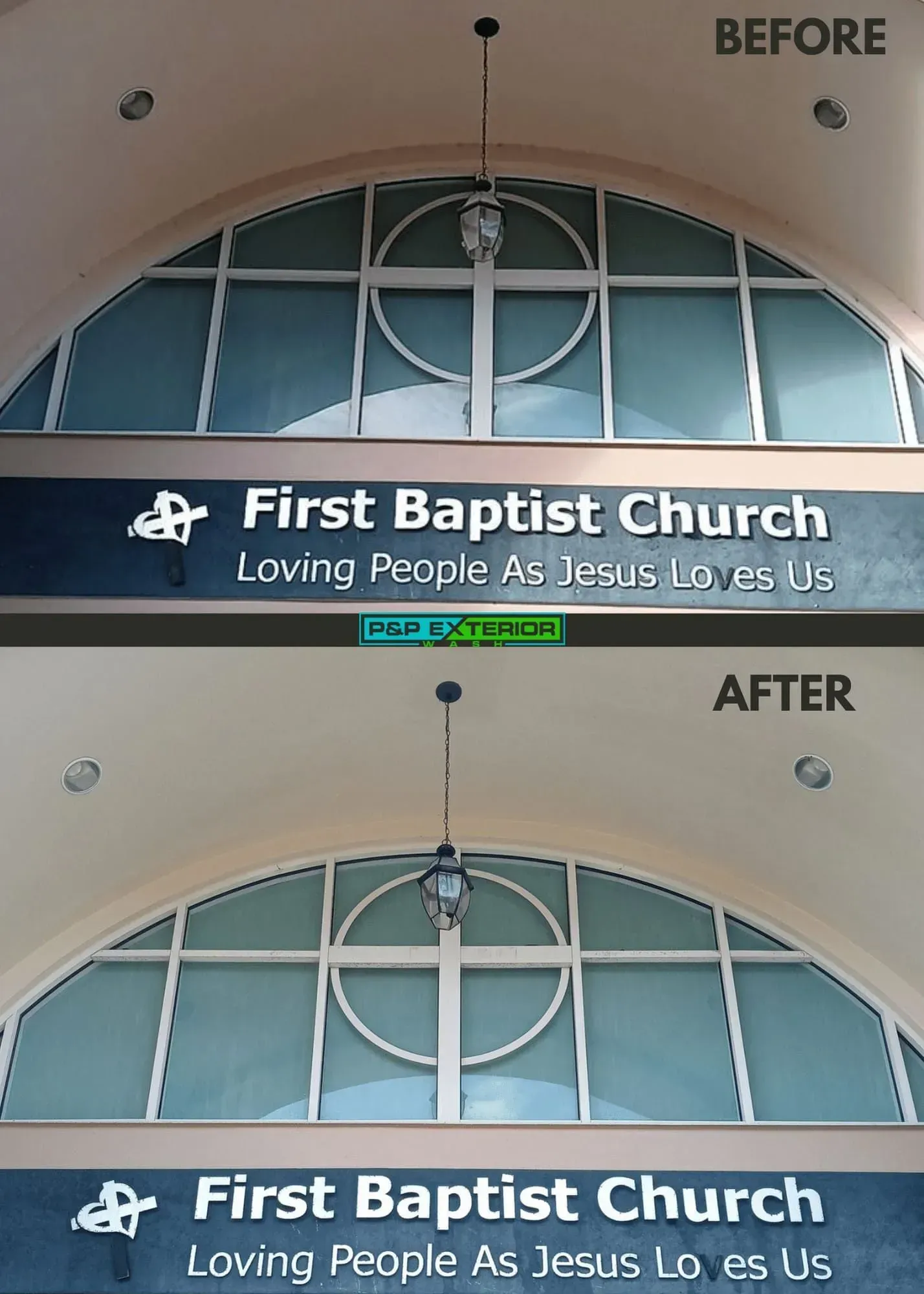 Before-and-after view of First Baptist Church sign with a cross and blue arched window backdrop