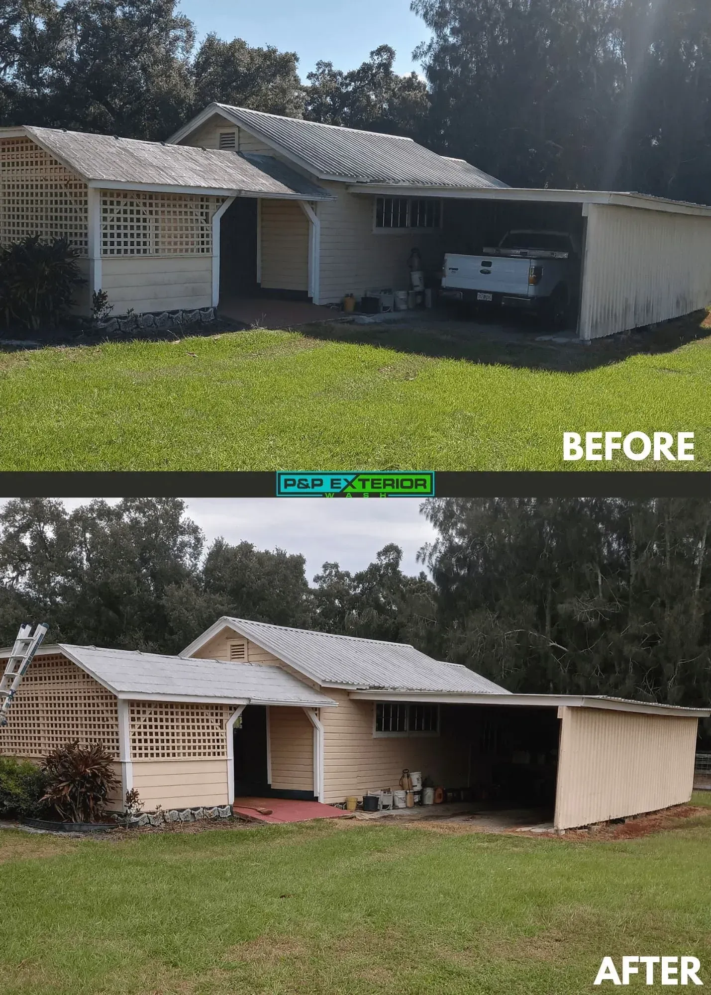 Before-and-after of a house exterior remodel with new roof, siding, and updated porch.