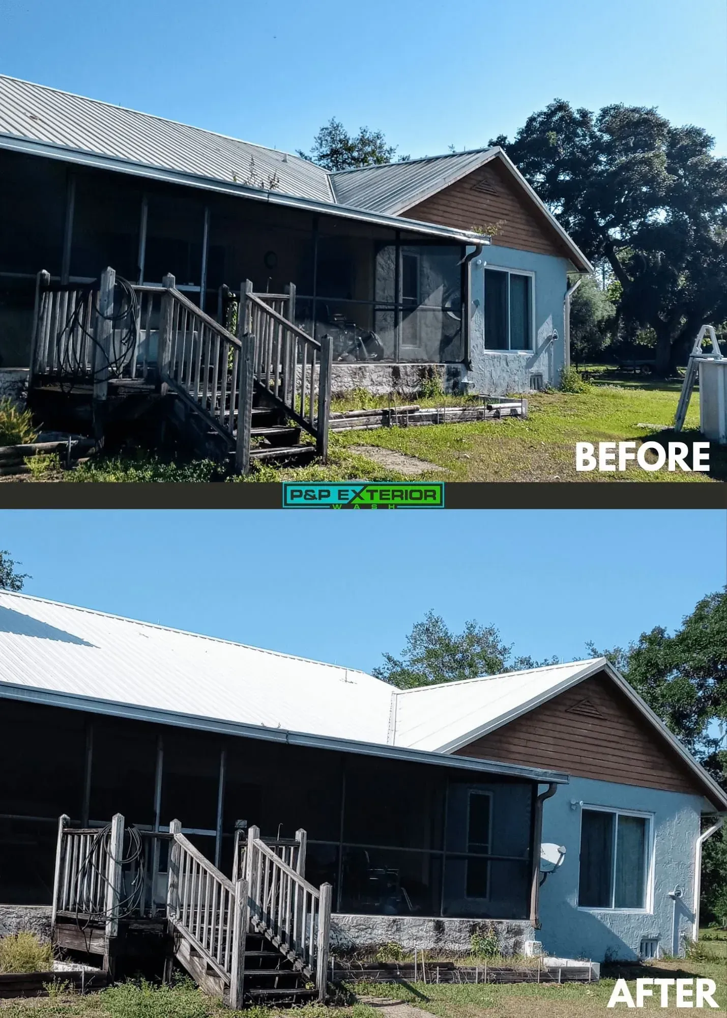 Before-and-after view of a house exterior, showing a porch and siding repaint from dark to light blue.