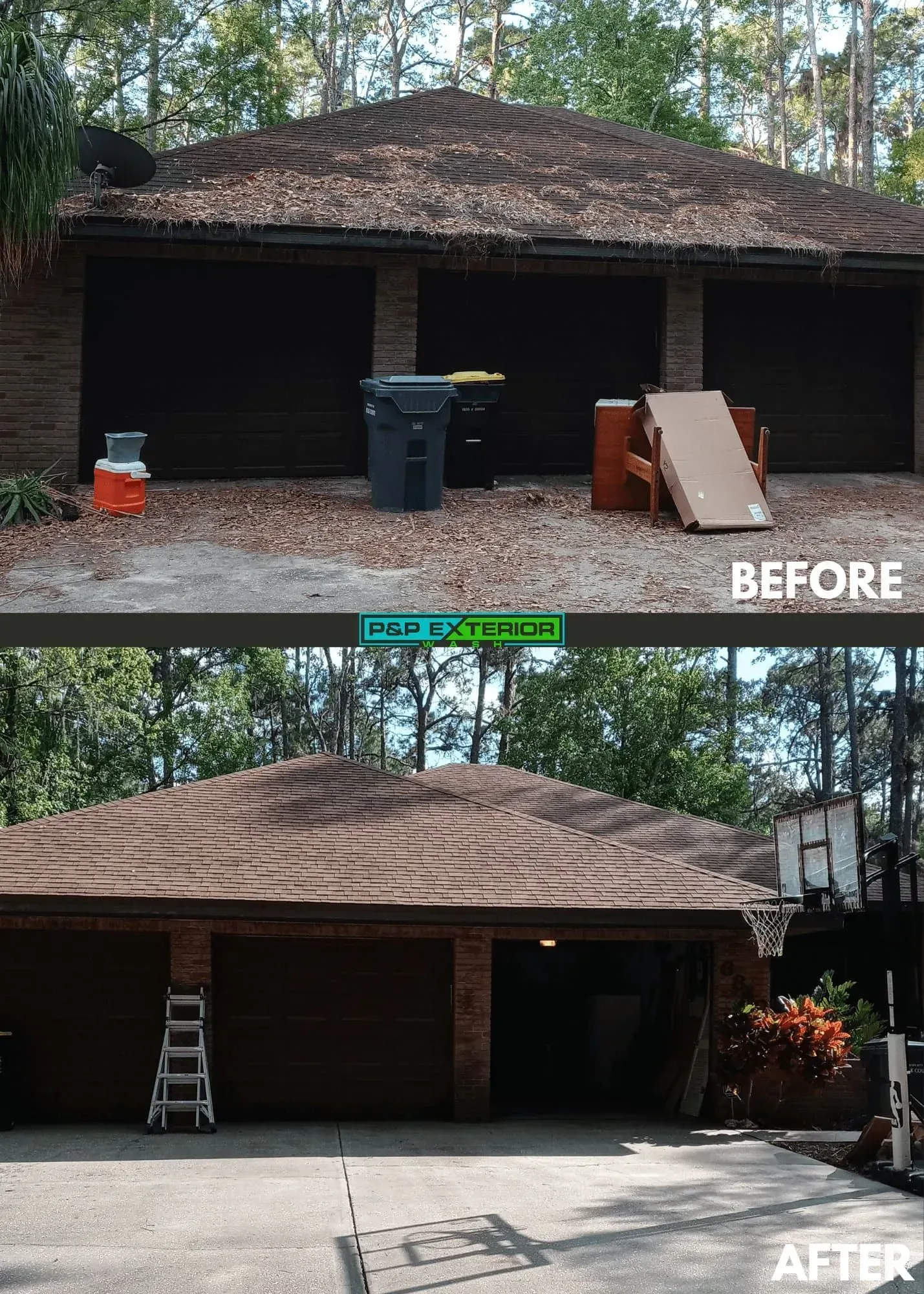 Before-and-after view of a house exterior with a cleaned driveway and removed clutter