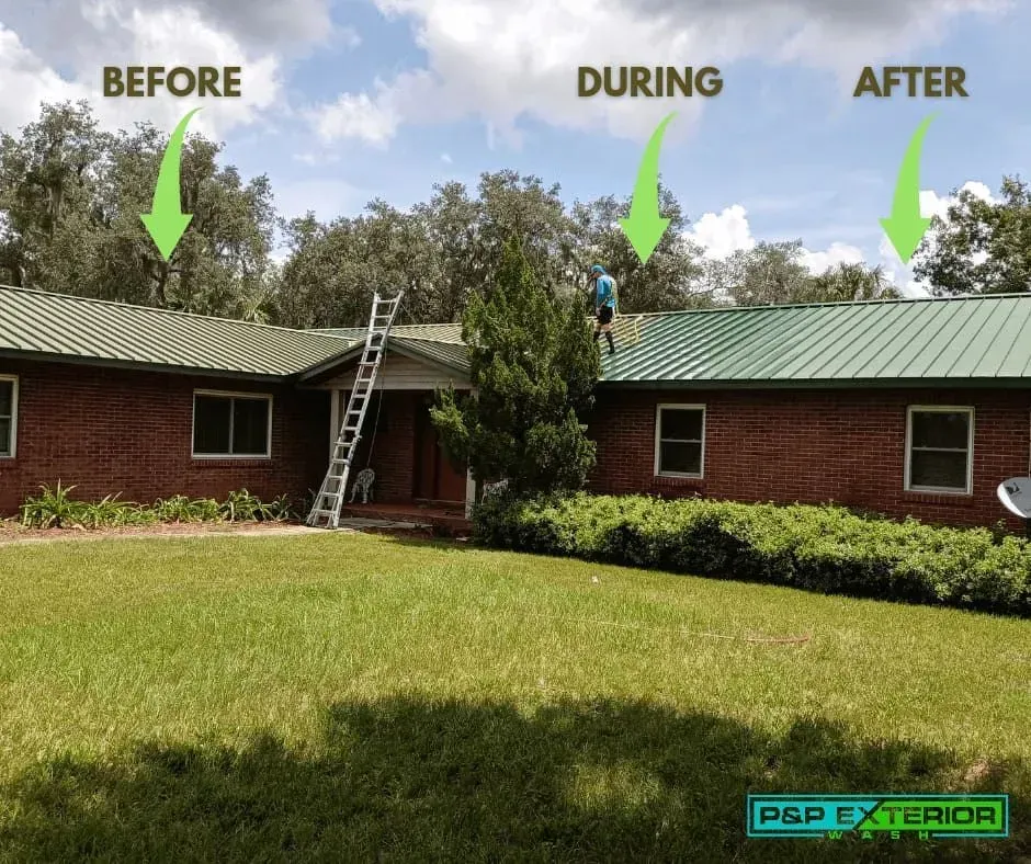 Before, during, and after roof replacement on a brick house with green arrows marking each stage.