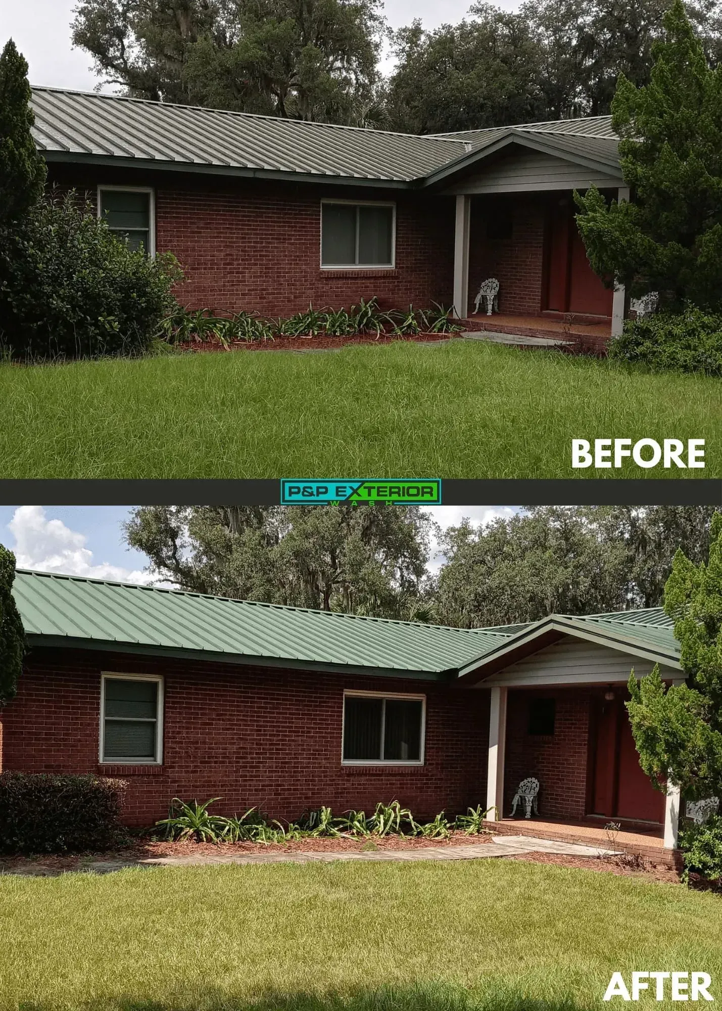 Before-and-after view of a red brick house with a green roof and lawn landscaping.