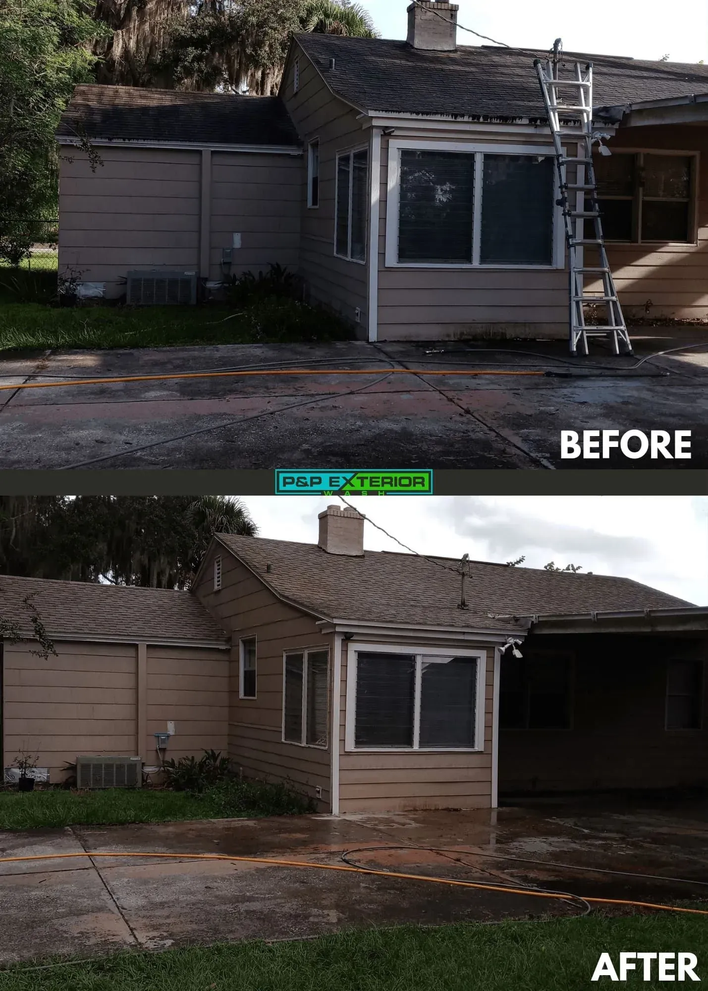 Before-and-after exterior of a house, showing cleaned roof and yard in the lower image.