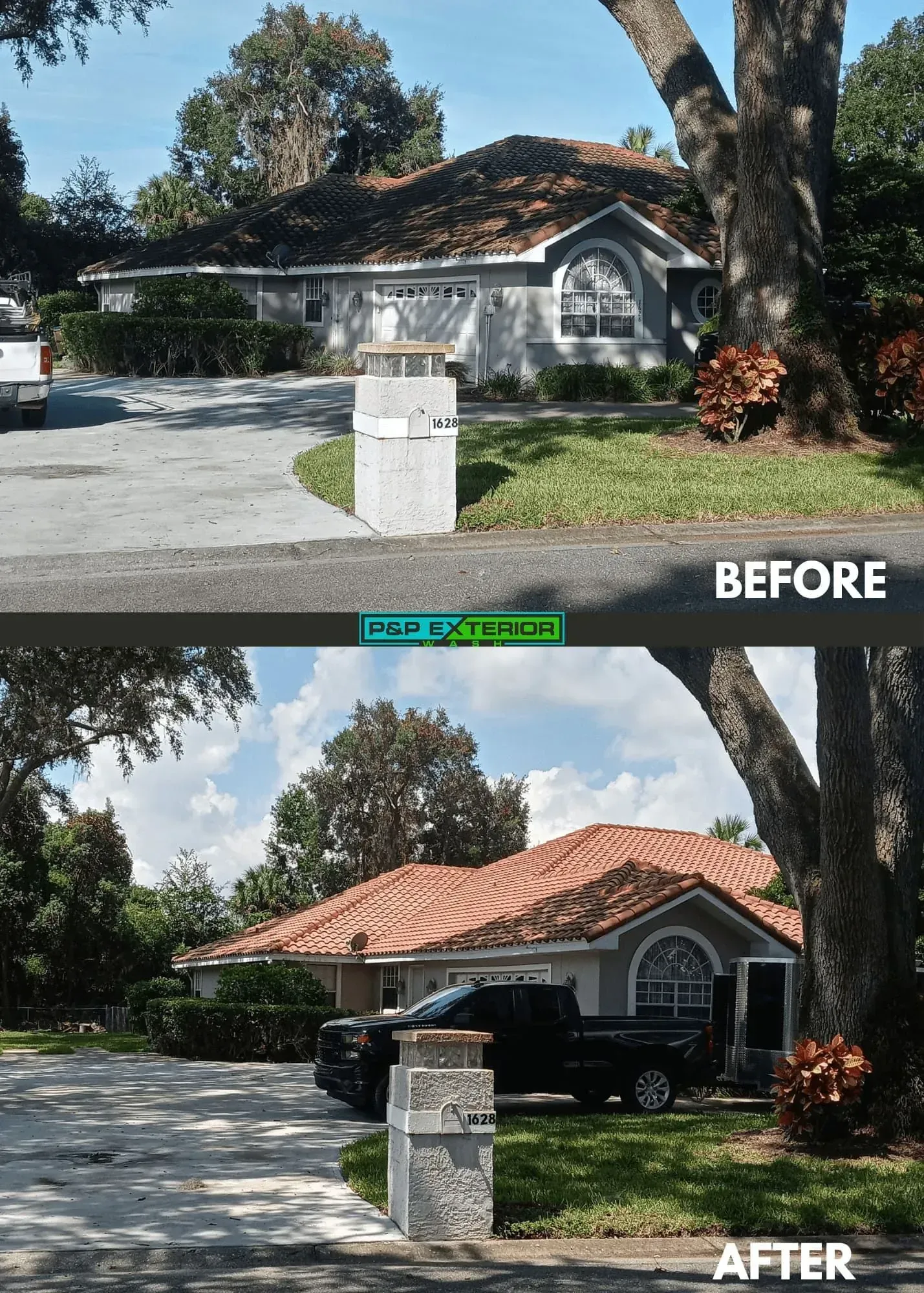 Before-and-after of a house with a new red tile roof and darker exterior landscaping.
