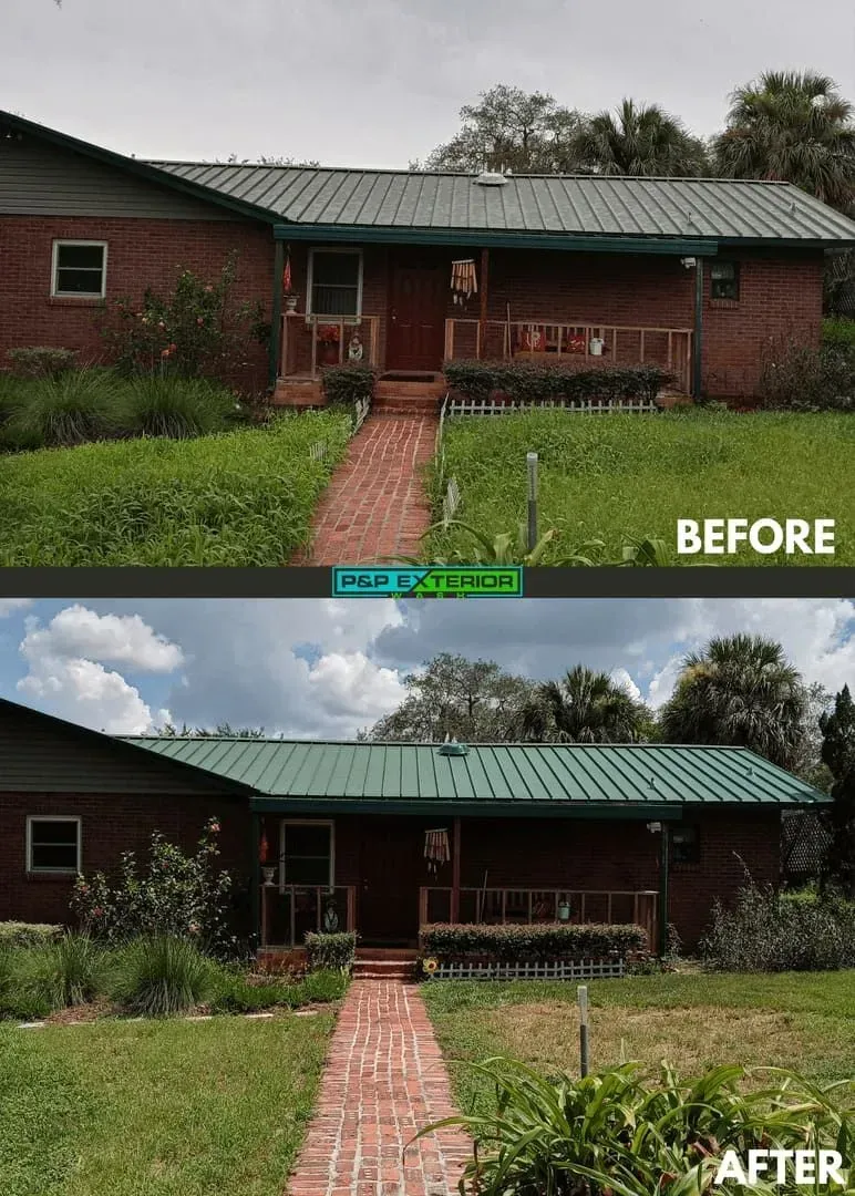 Before-and-after view of a brick house with a green roof and a red walkway leading to the front porch.