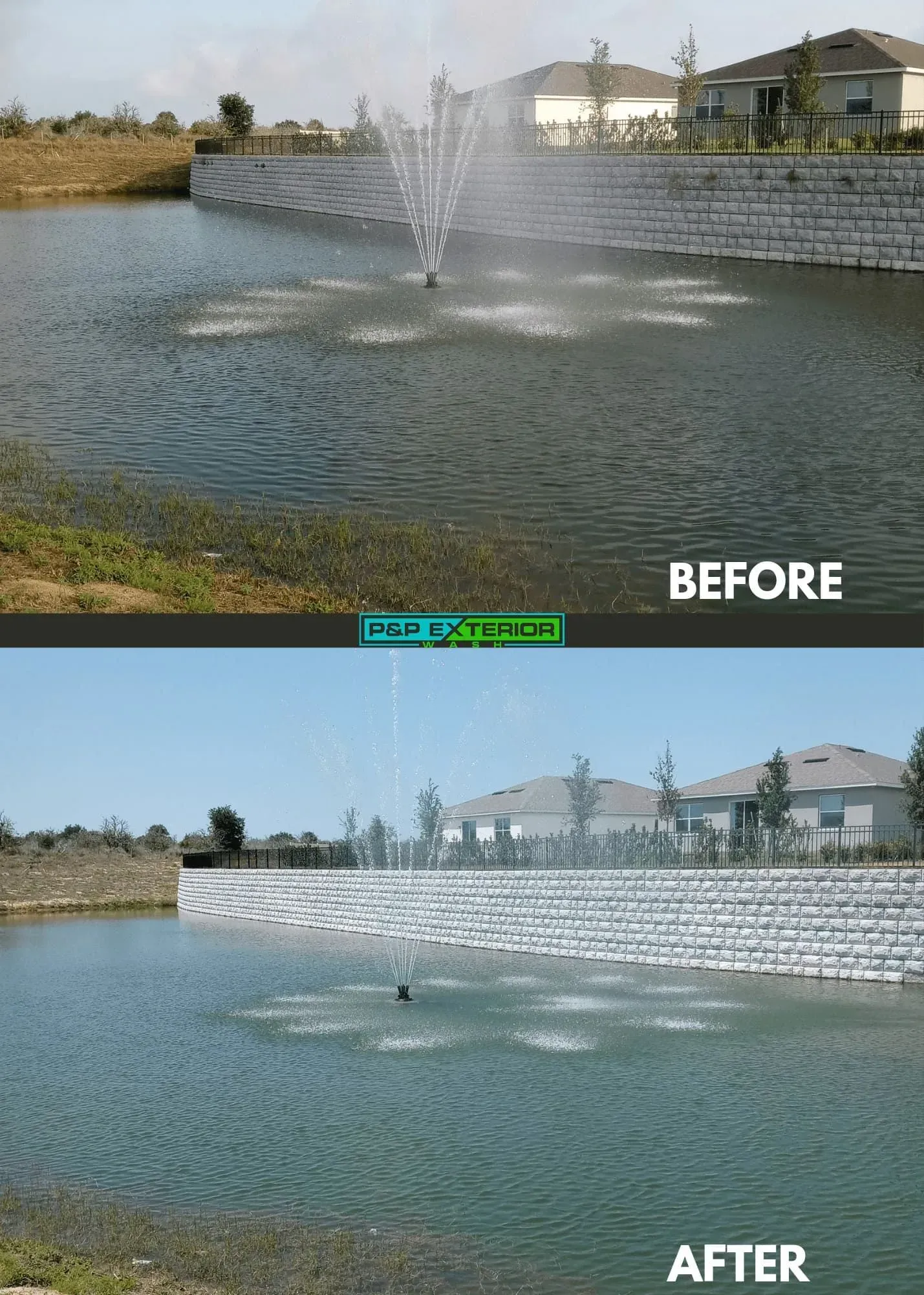 Before-and-after view of a pond fountain with spraying water, showing reduced water flow after.
