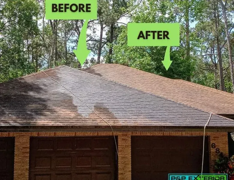Split view of a house roof before and after replacement, with arrows labeled “before” and “after.”
