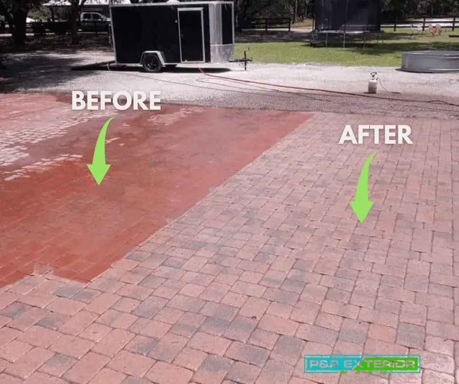 Brick patio showing red concrete before and gray pavers after, with arrows labeling the comparison.