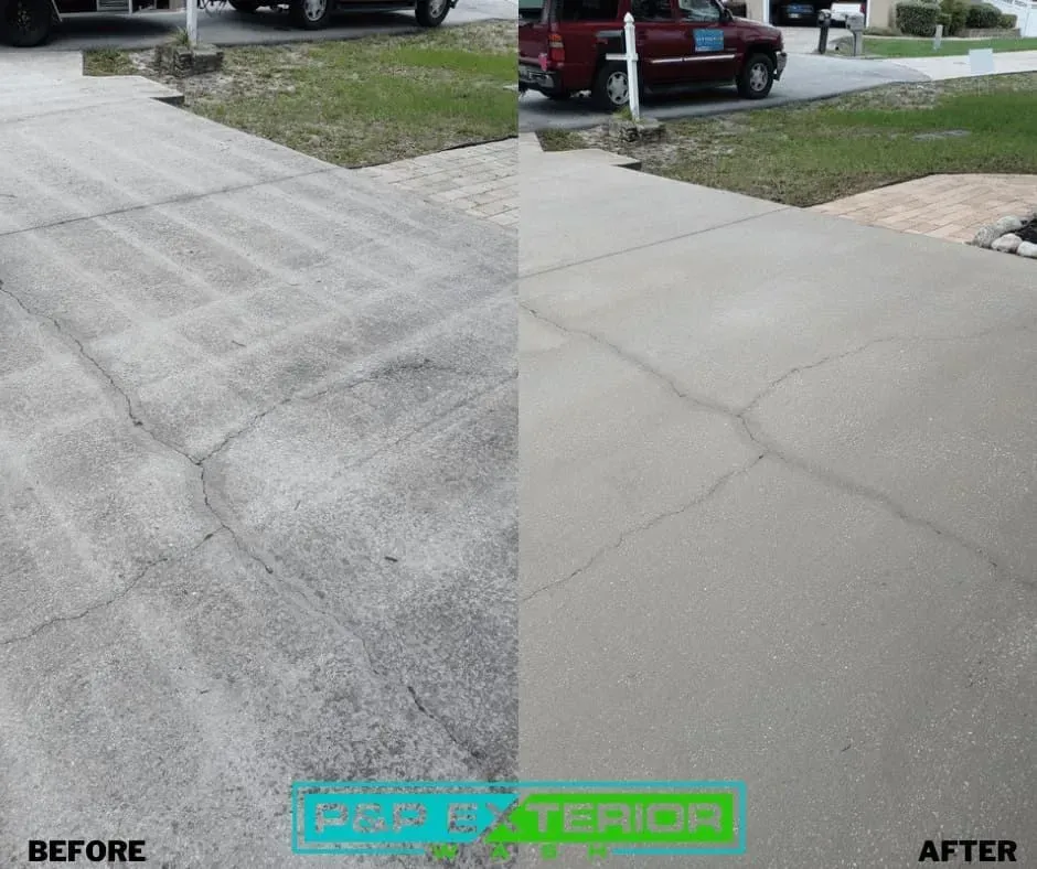 Driveway before-and-after view showing cracked concrete repaired to a smooth surface.