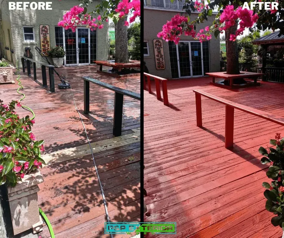 Before-and-after patio makeover: weathered brick changed to bright red-painted deck with flowers and bench.