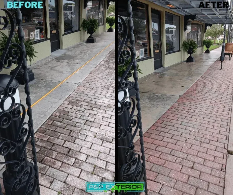 Before-and-after sidewalk repair beside storefronts, showing cracked pavement replaced with red brick pavers.