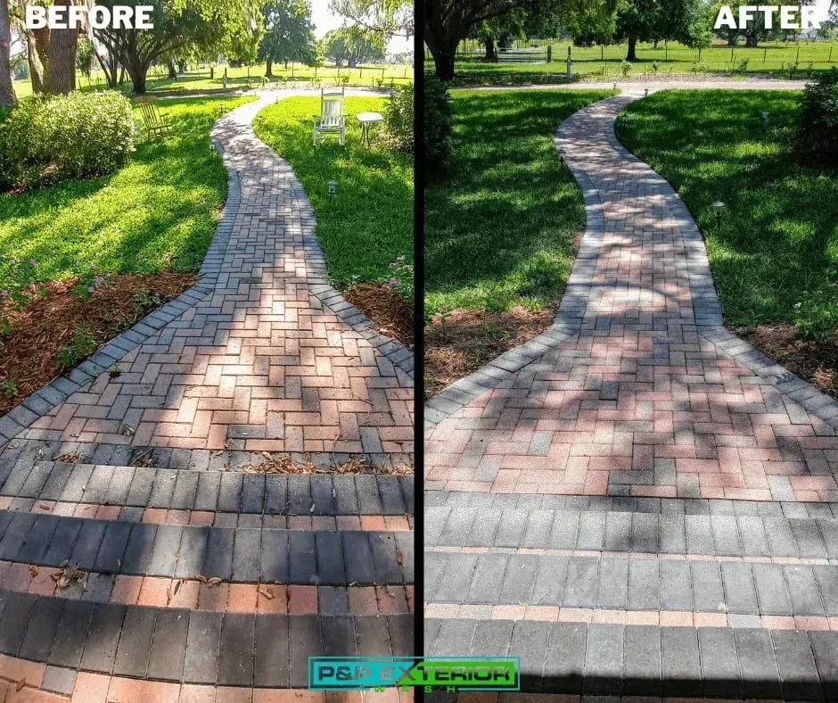 Before-and-after view of a curved brick walkway, showing darker cleaned pavers on the right.