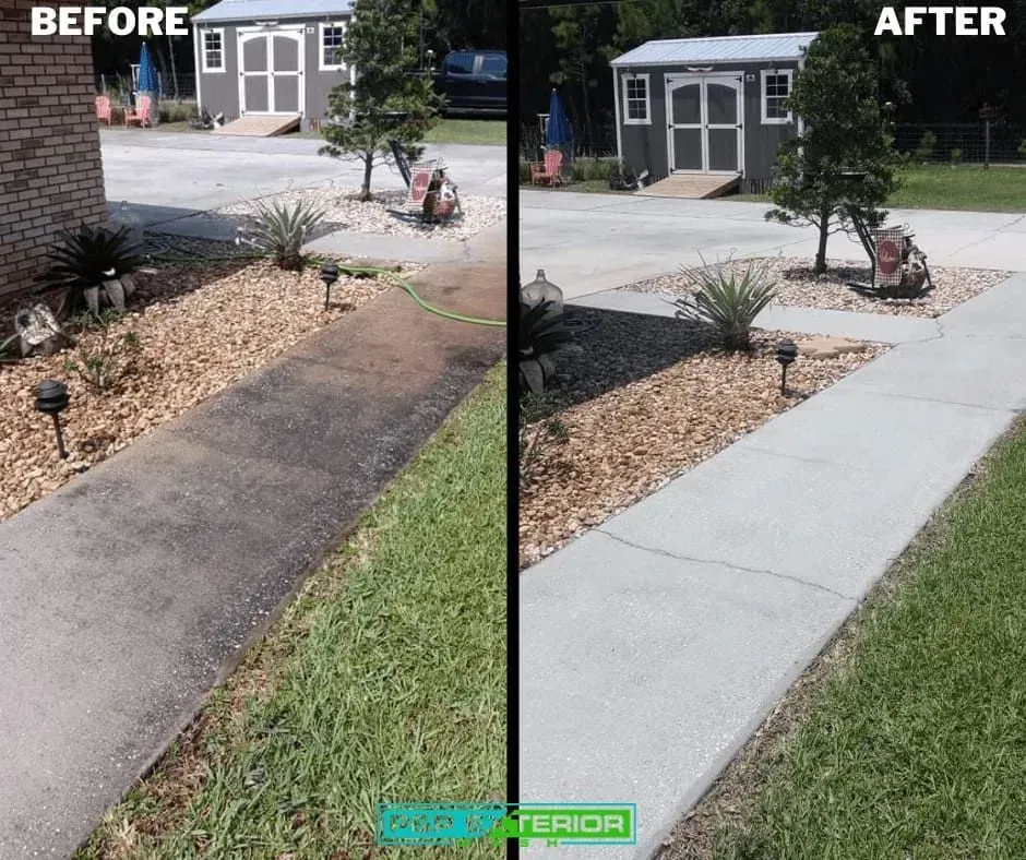 Before-and-after of a front walkway: cracked asphalt replaced with a smooth concrete path beside a lawn.