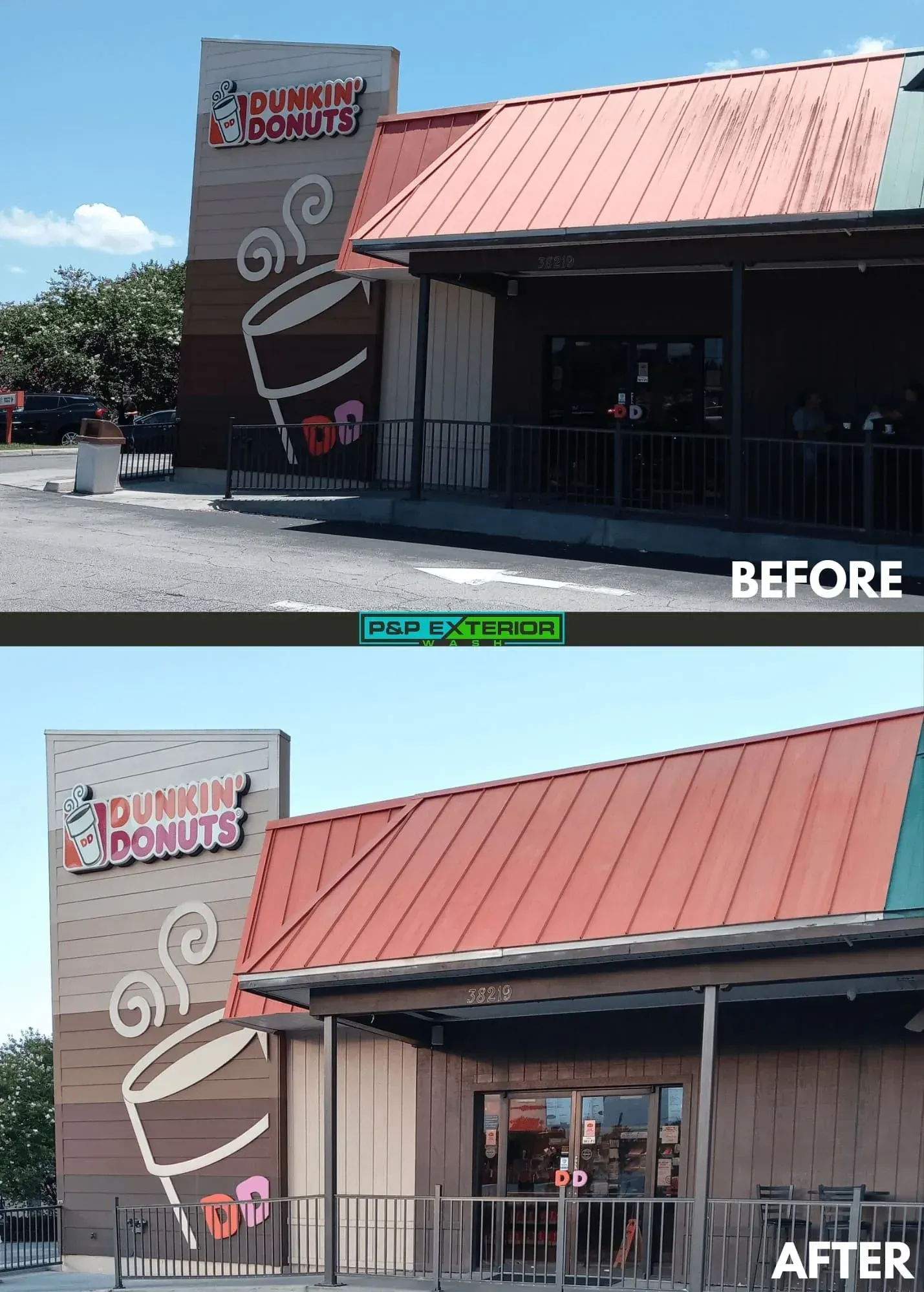 Before-and-after view of a restaurant exterior with a red roof and updated facade.