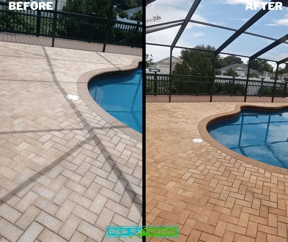Before-and-after of a pool deck: gray pavers replaced with warm brick-like paving around a swimming pool.
