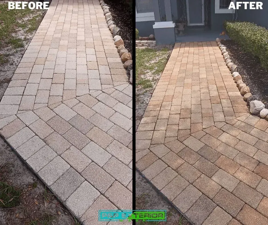 Before-and-after of a cleaned tan paver walkway next to a hedge and house.