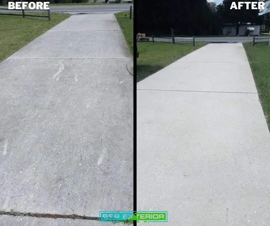 Before-and-after view of a driveway repair: cracked concrete on the left, smooth white concrete on the right.