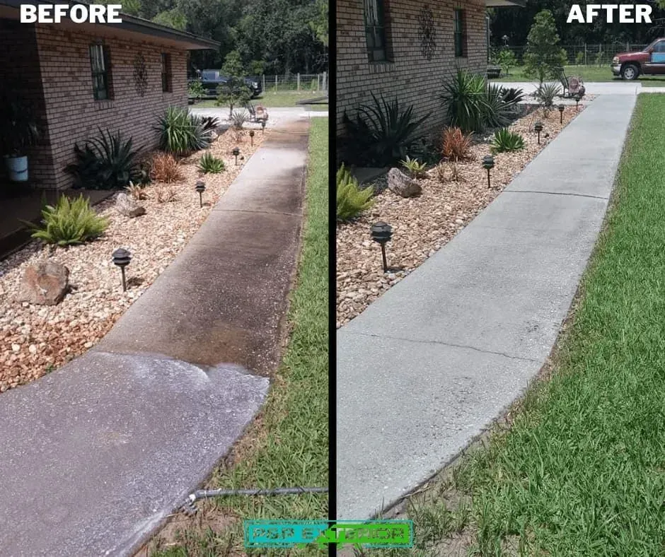 Before-and-after view of a repaired concrete walkway beside a house, with gravel and lawn edges.